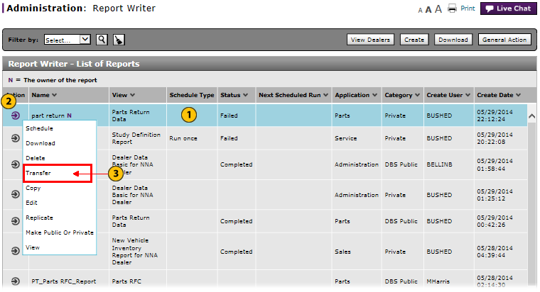 Report Writer page with Transfer option highlighted